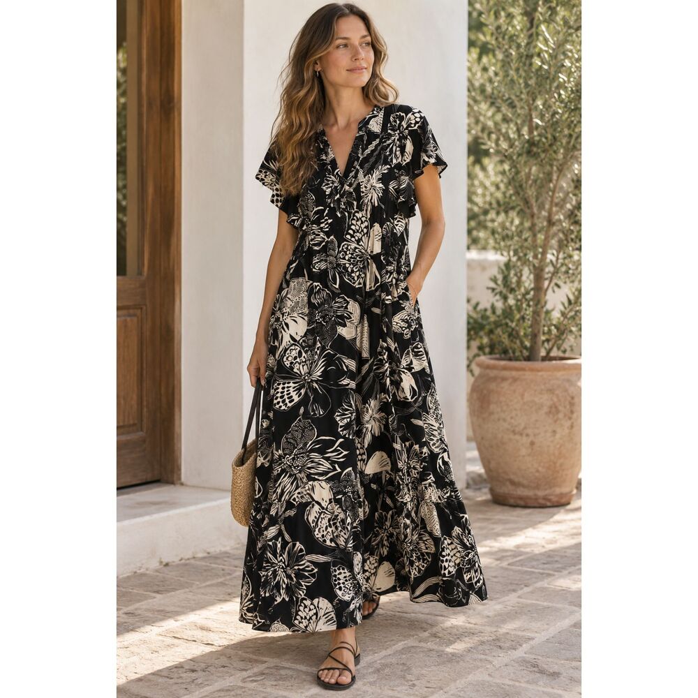 Anthropologie Maeve Black White Livia Floral Maxi Dress   Women's Size Medium